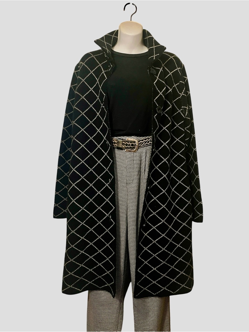 GIOGIO ITALY Women’s Black Long Grid Diamond Pattern Cardigan Sweater Coat XL
